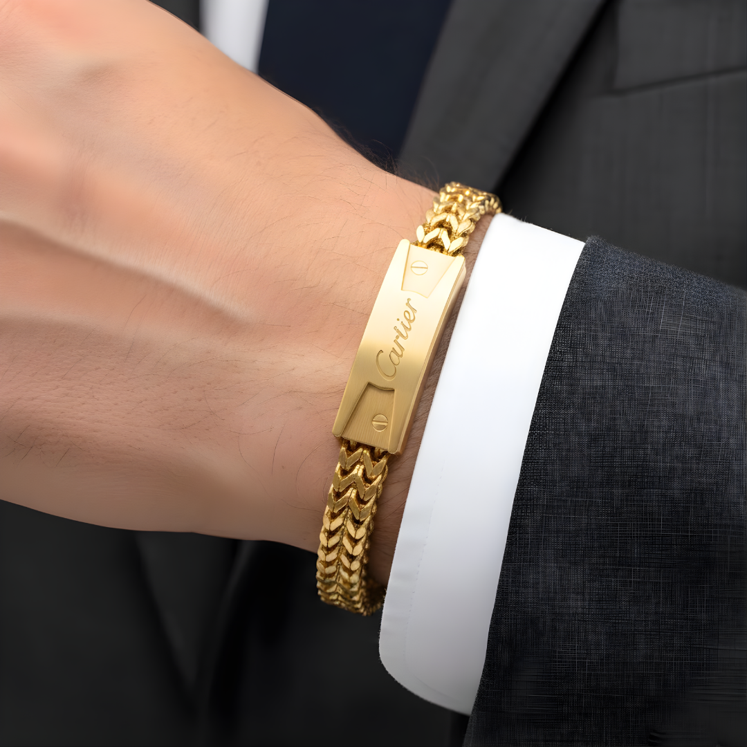 18K Gold Filled Script ID Bar Franco Chain Bracelet – Engraved Cursive Bar Franco Mesh Link Bracelet for Men